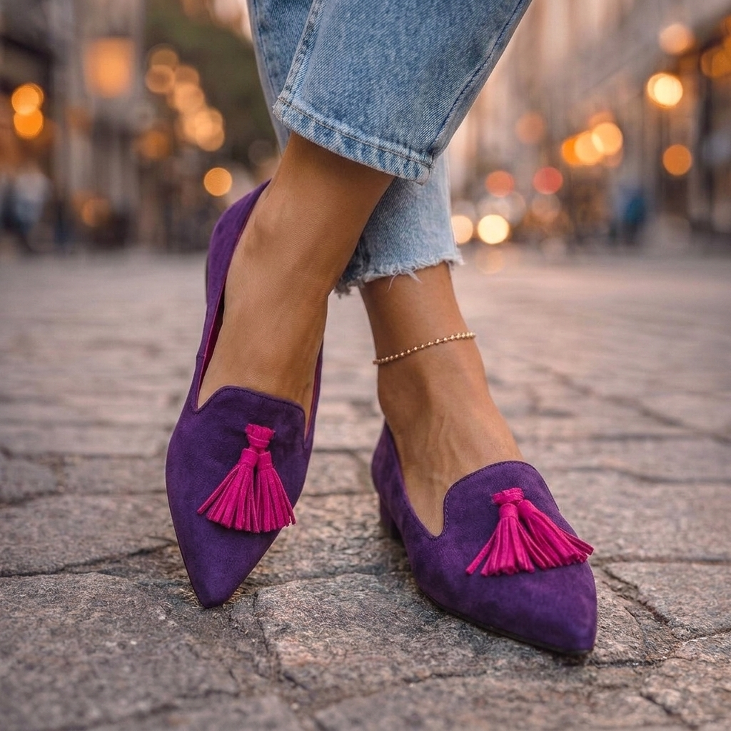 Marcelline tan tassel pointed toe loafers, side view on cobblestone street