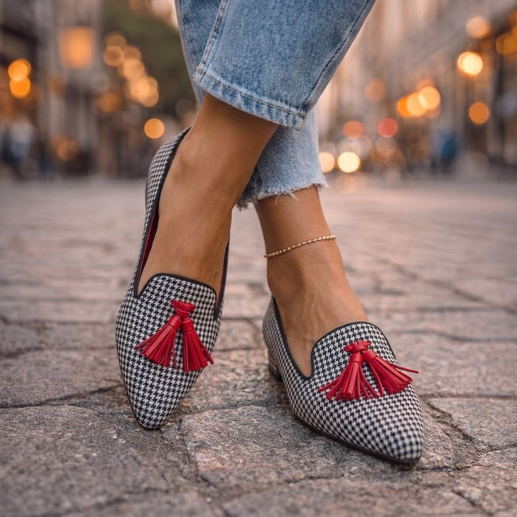 Marcelline tan tassel pointed toe loafers, side view on cobblestone street