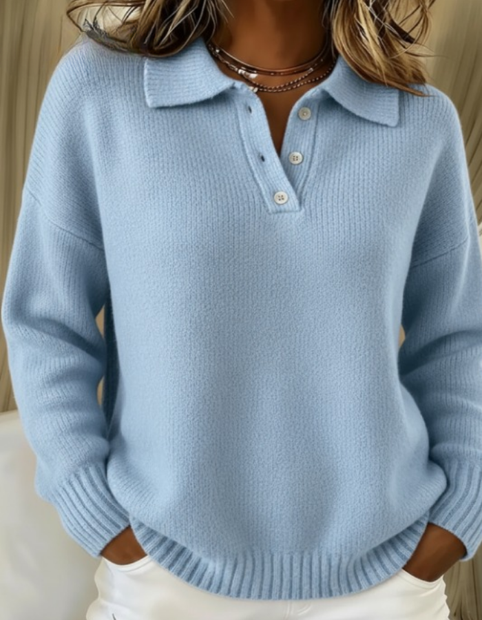 Rosalind polo collar oversized sweater in light blue, front view close-up