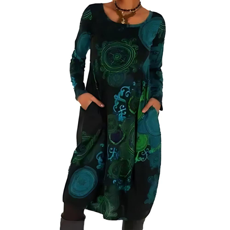 Imogen printed long sleeve midi dress in teal and green pattern, front view