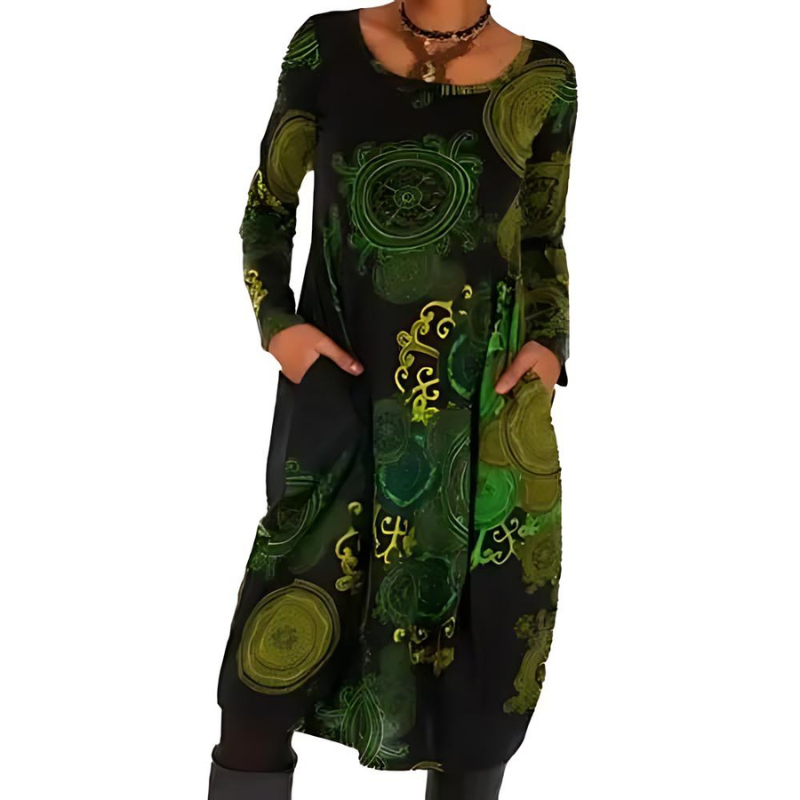 Imogen printed long sleeve midi dress in olive green pattern, front view