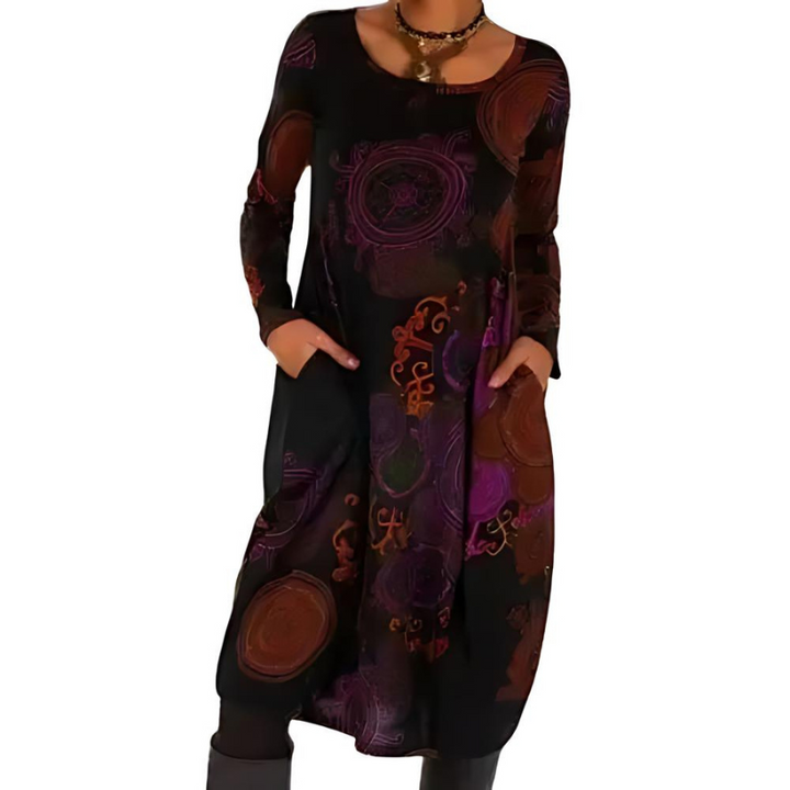 Imogen printed long sleeve midi dress in burgundy and purple pattern, front view