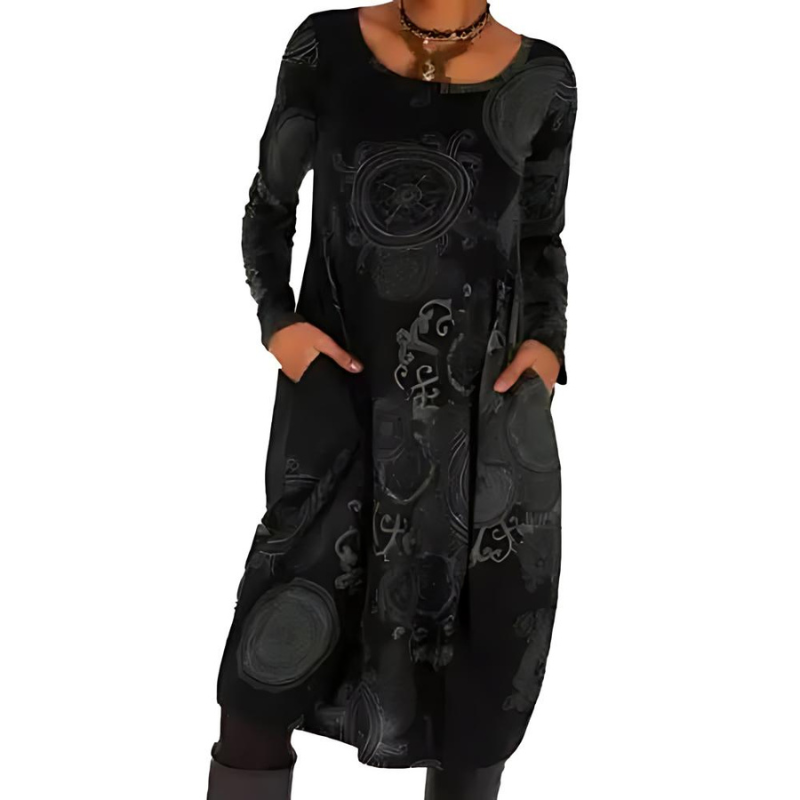 Imogen printed long sleeve midi dress in black tonal pattern, front view