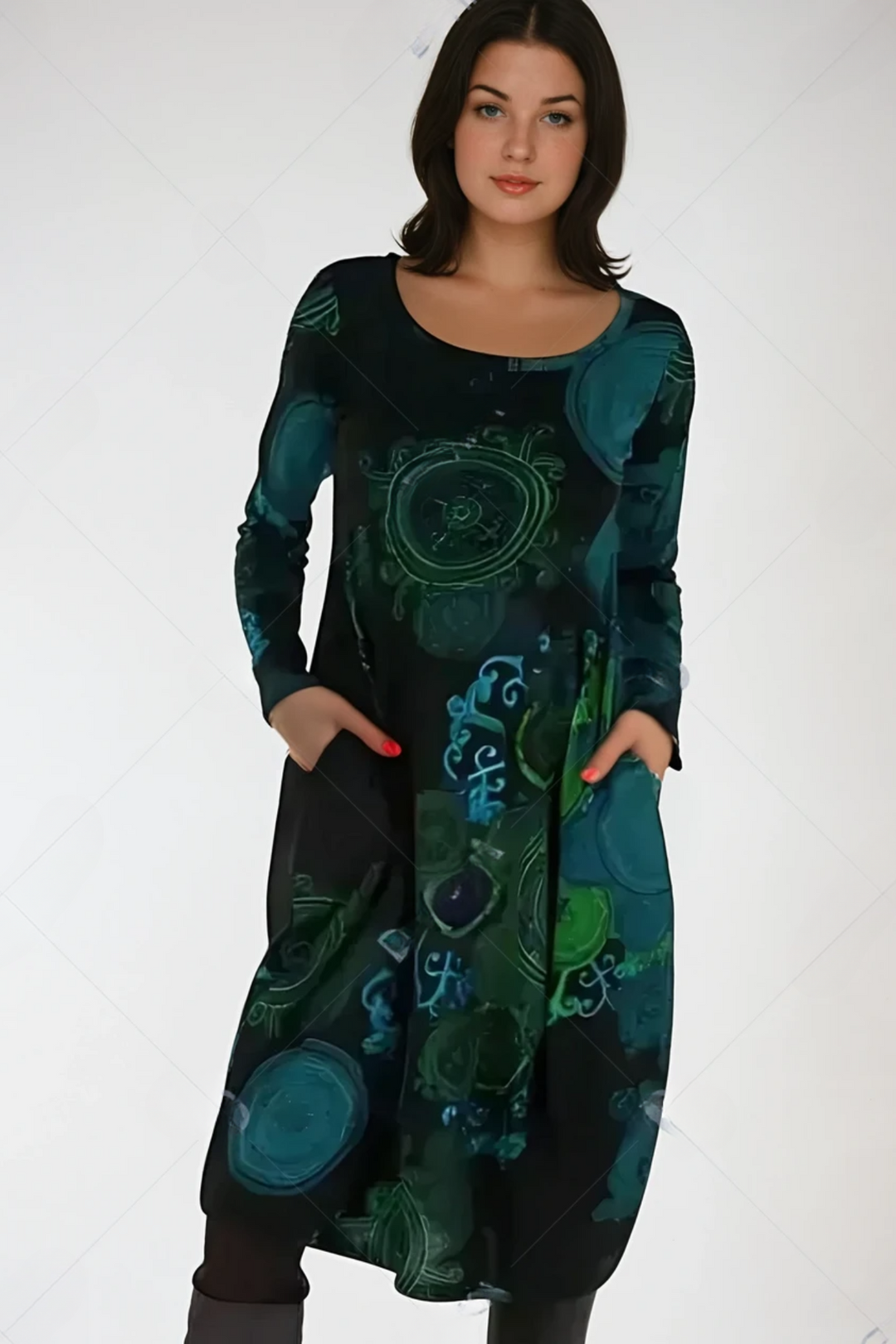 Imogen printed long sleeve midi dress in black tonal pattern, front view