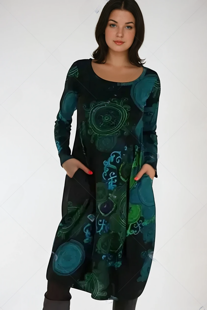 Imogen printed long sleeve midi dress in black tonal pattern, front view