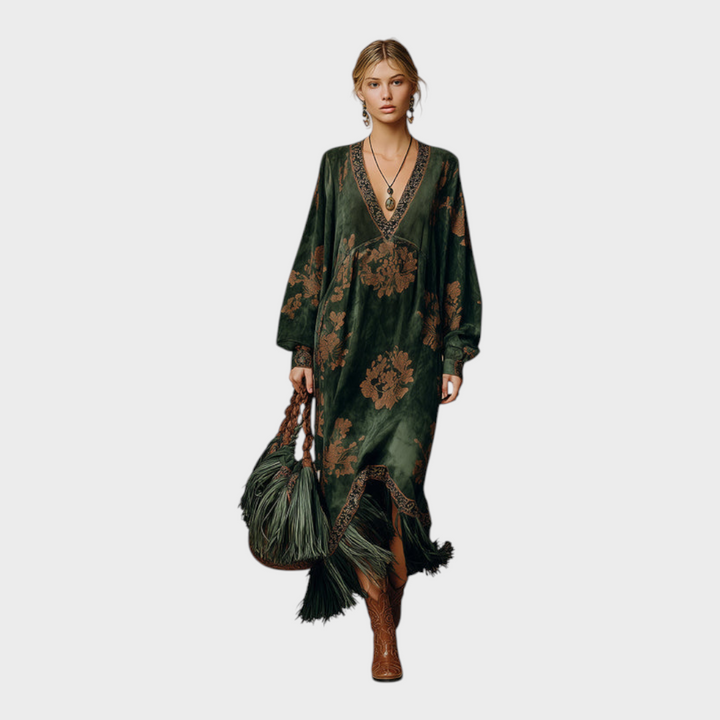 Marigold printed tassel maxi dress, full front view