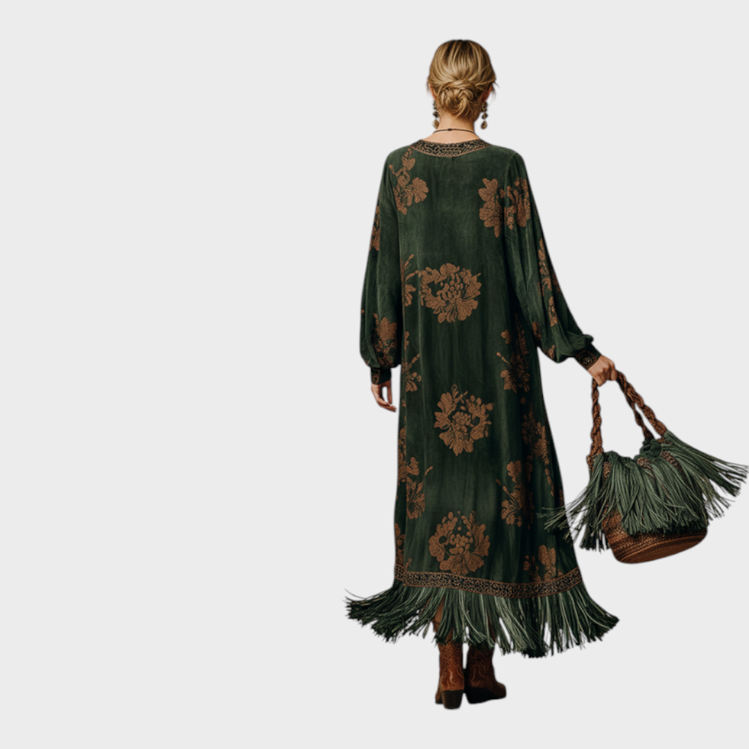 Marigold printed tassel maxi dress, back view