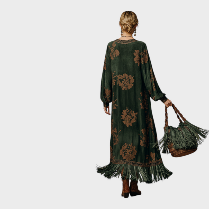 Marigold printed tassel maxi dress, back view