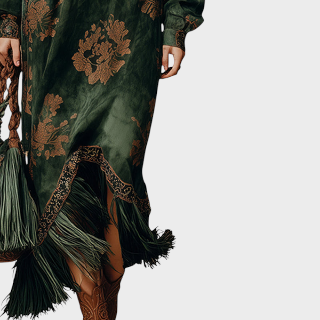 Marigold maxi dress tasseled hem detail with boots