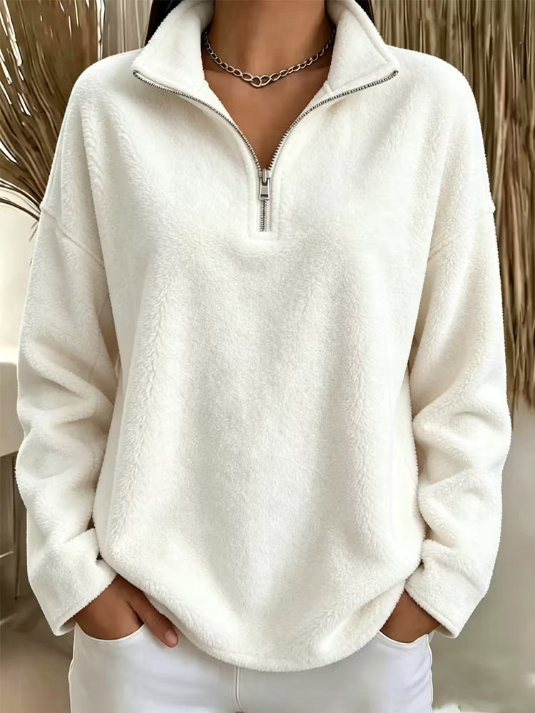 Marianne quarter-zip fleece pullover in white, front view
