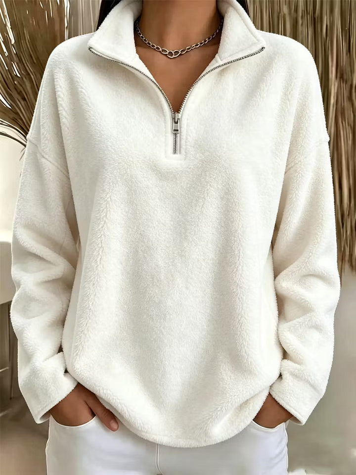 Marianne quarter-zip fleece pullover in white, front view