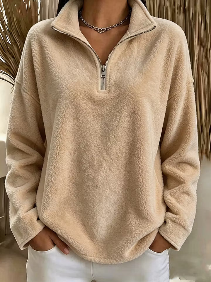 Marianne quarter-zip fleece pullover in beige, front view