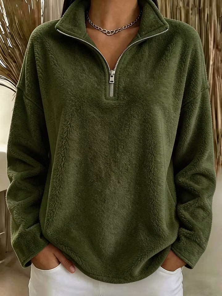 Marianne quarter-zip fleece pullover in olive green, front view