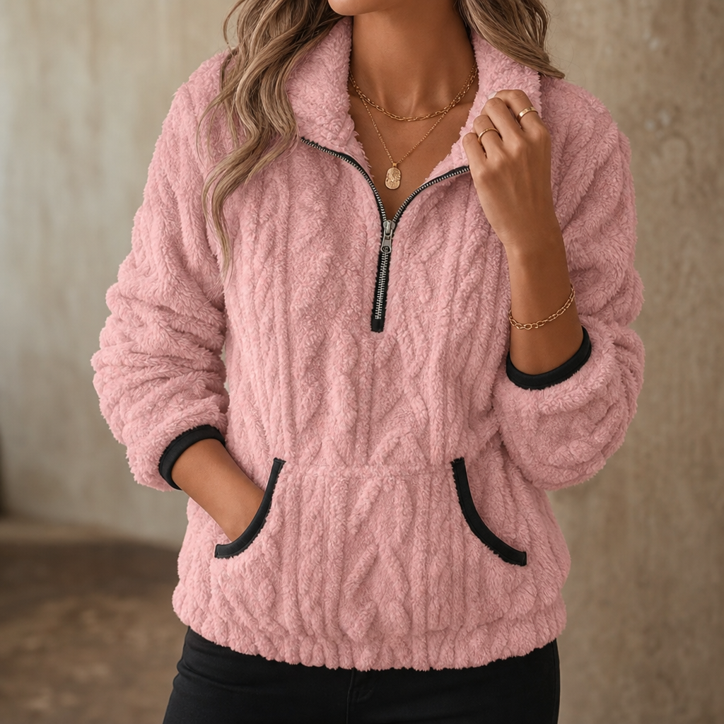 Suzanne quarter-zip fleece pullover in ivory, front view with hands in pockets