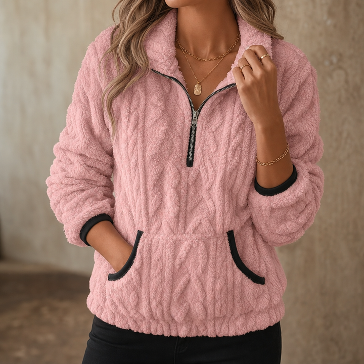 Suzanne quarter-zip fleece pullover in ivory, front view with hands in pockets