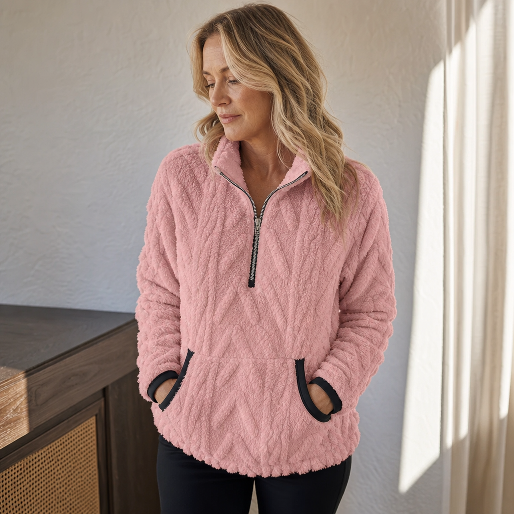 Suzanne quarter-zip fleece pullover in ivory, front view with hands in pockets