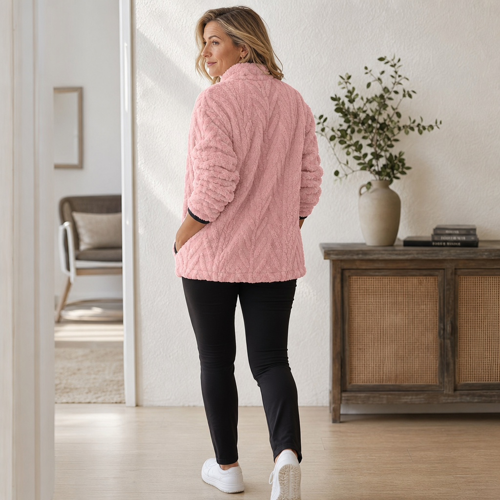 Suzanne quarter-zip fleece pullover in ivory, front view with hands in pockets