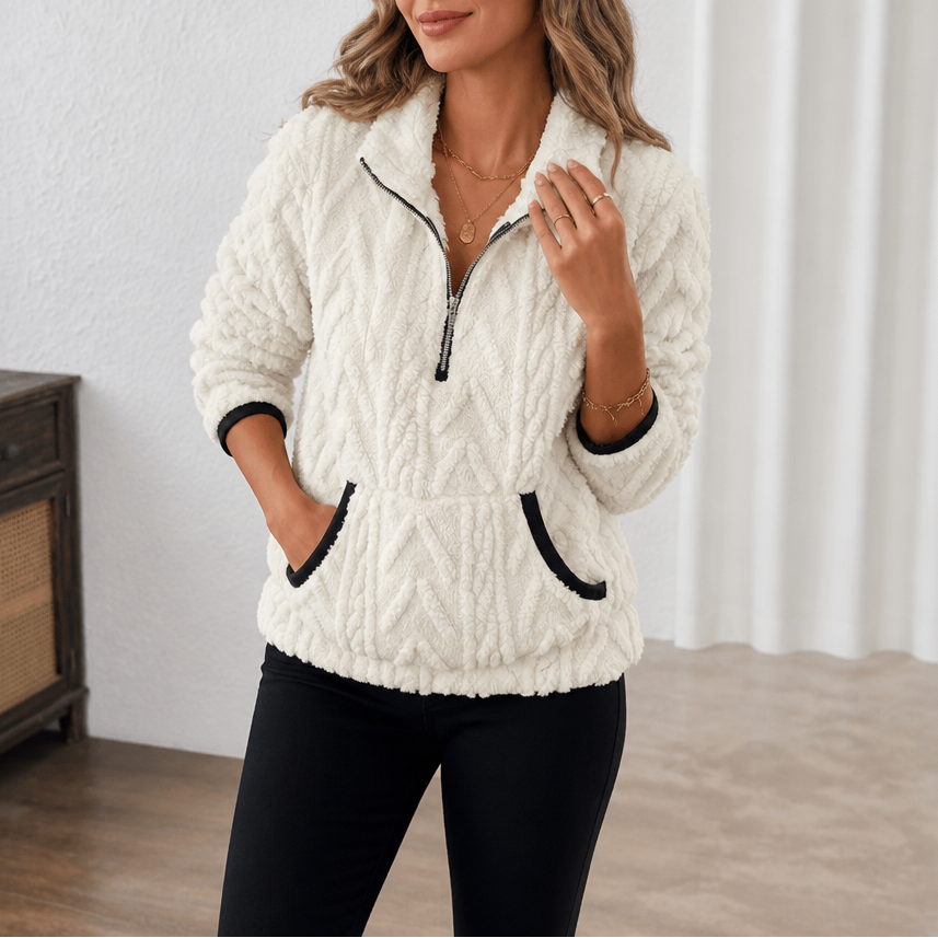 Suzanne quarter-zip fleece pullover in ivory, front view with hands in pockets