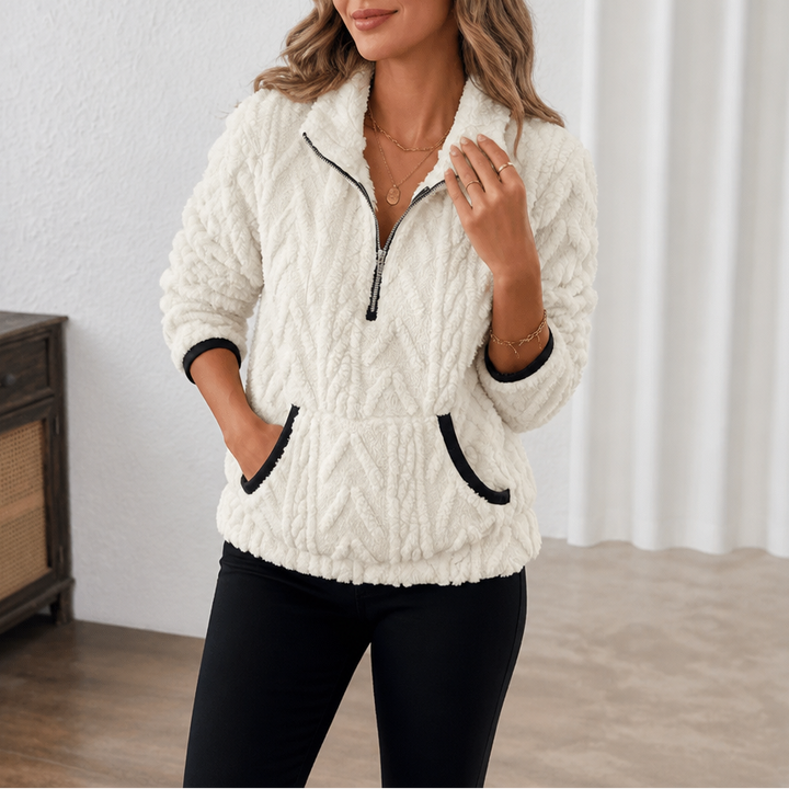 Suzanne quarter-zip fleece pullover in ivory, front view with hands in pockets