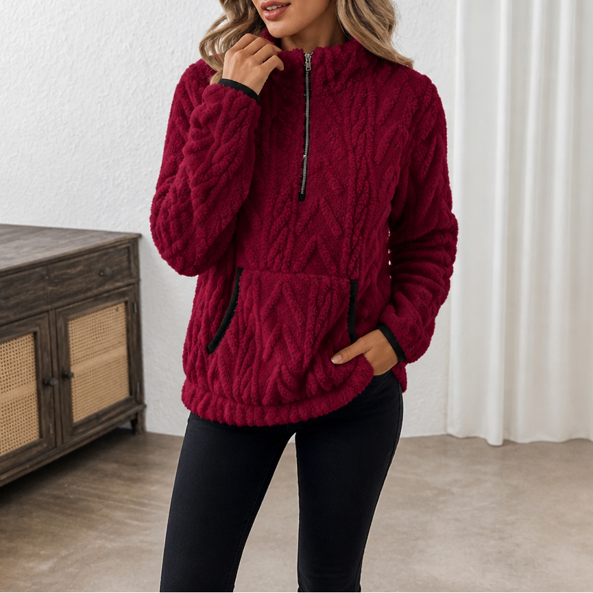 Suzanne quarter-zip fleece pullover in ivory, front view with hands in pockets