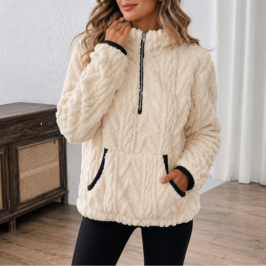 Suzanne quarter-zip fleece pullover in ivory, front view with hands in pockets