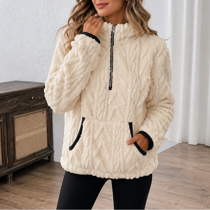Suzanne quarter-zip fleece pullover in ivory, front view with hands in pockets