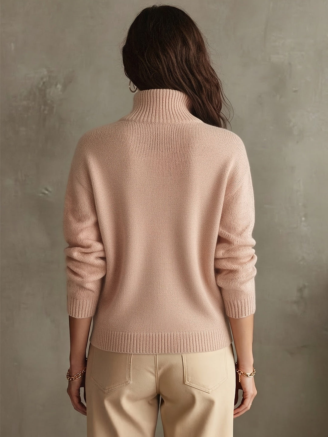 Rosalind quarter-zip pullover sweater, styled with trousers, hand on hip