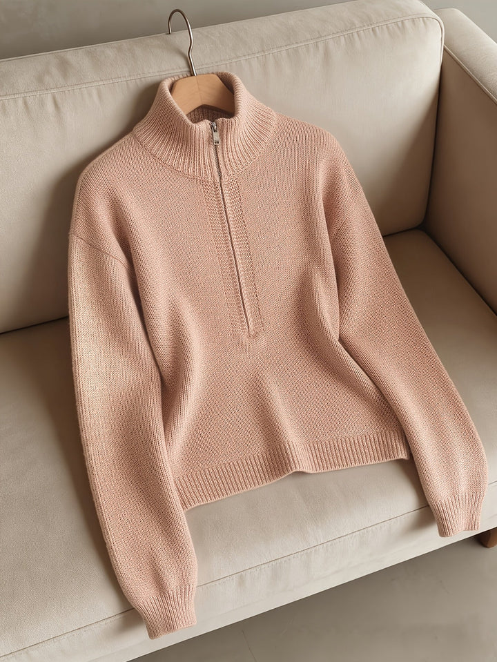 Rosalind quarter-zip pullover sweater, styled with trousers, hand on hip