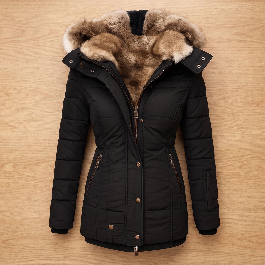 Fenella black quilted puffer jacket with faux fur hood, front view open