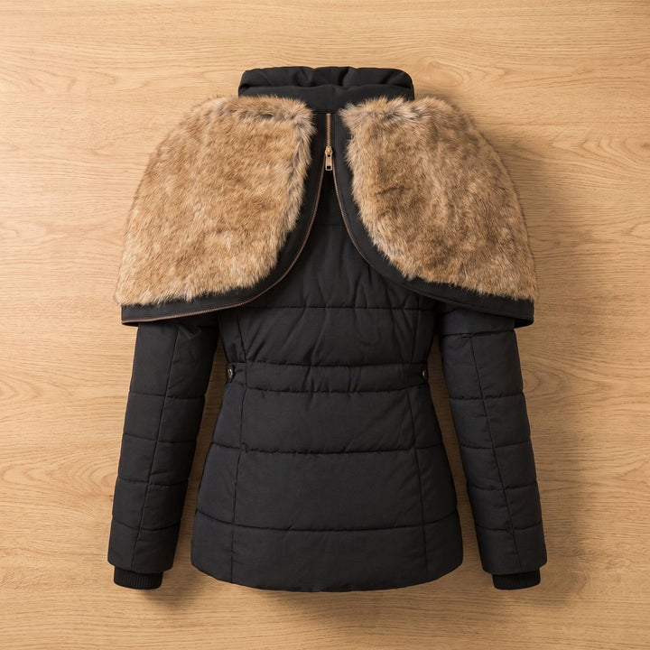 Fenella puffer jacket with detachable faux fur collar, back view