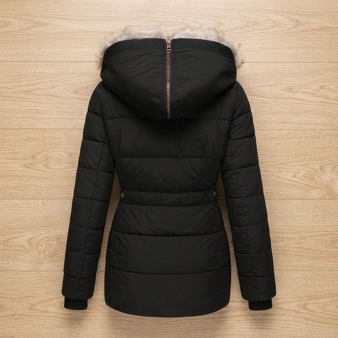 Fenella black puffer jacket with attached hood, back view closed