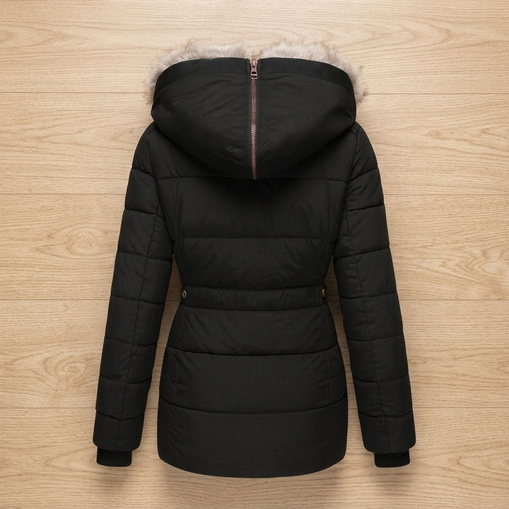 Fenella black puffer jacket with attached hood, back view closed