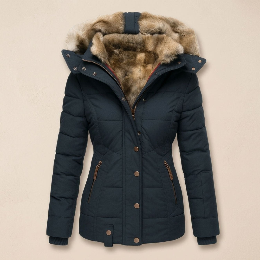 Fenella red quilted puffer jacket with faux fur hood, front view