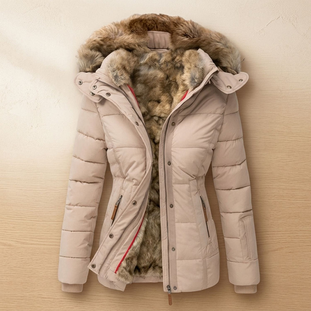 Fenella red quilted puffer jacket with faux fur hood, front view