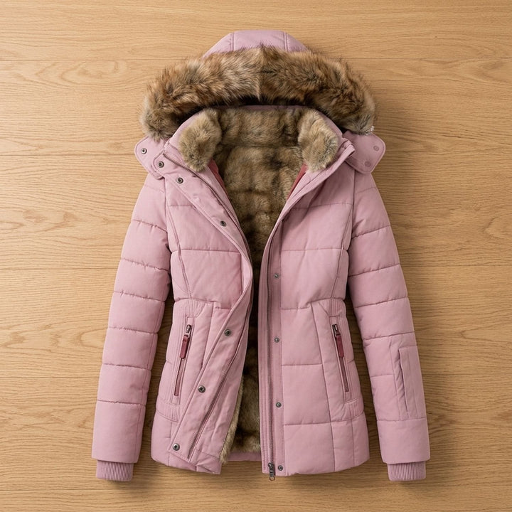 Fenella red quilted puffer jacket with faux fur hood, front view