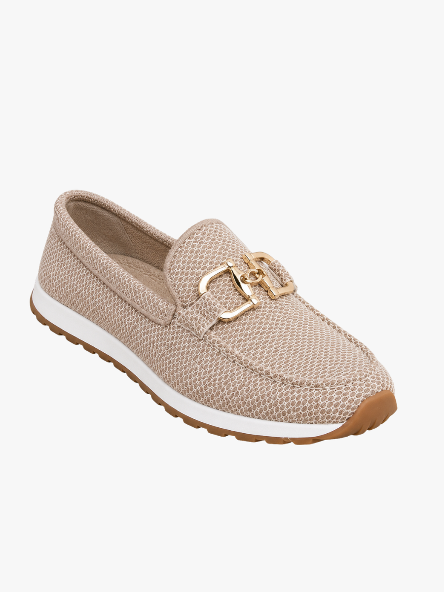 Delphine quilted slip-on loafer sneaker with gold-tone buckle, side view
