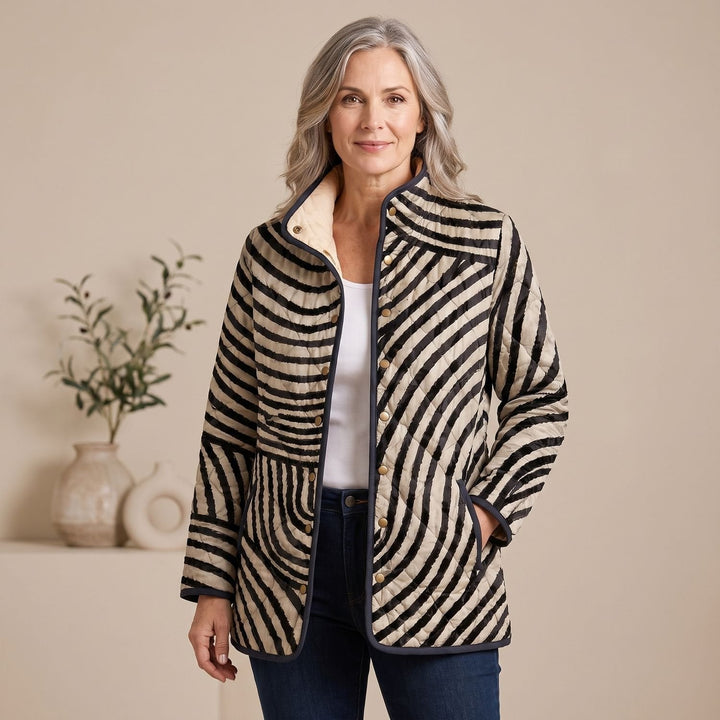 Rosamund quilted swirl-print jacket worn by model, front view