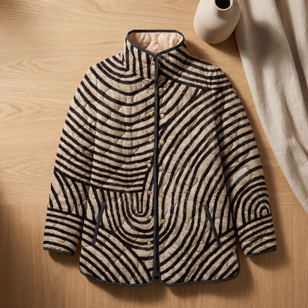 Rosamund quilted swirl-print jacket laid flat showing button front and side pockets