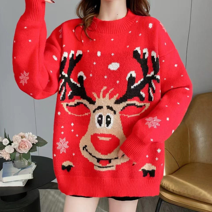 Juniper reindeer print Christmas sweater, front view close-up