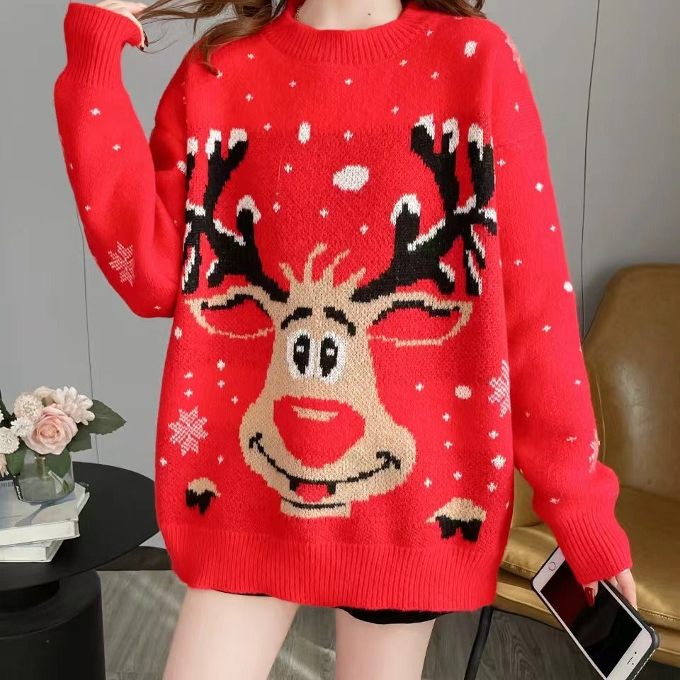 Juniper oversized Christmas sweater with reindeer graphic, front view