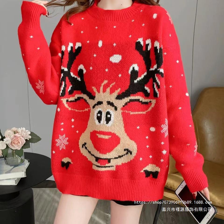 Juniper red reindeer Christmas sweater, full front view
