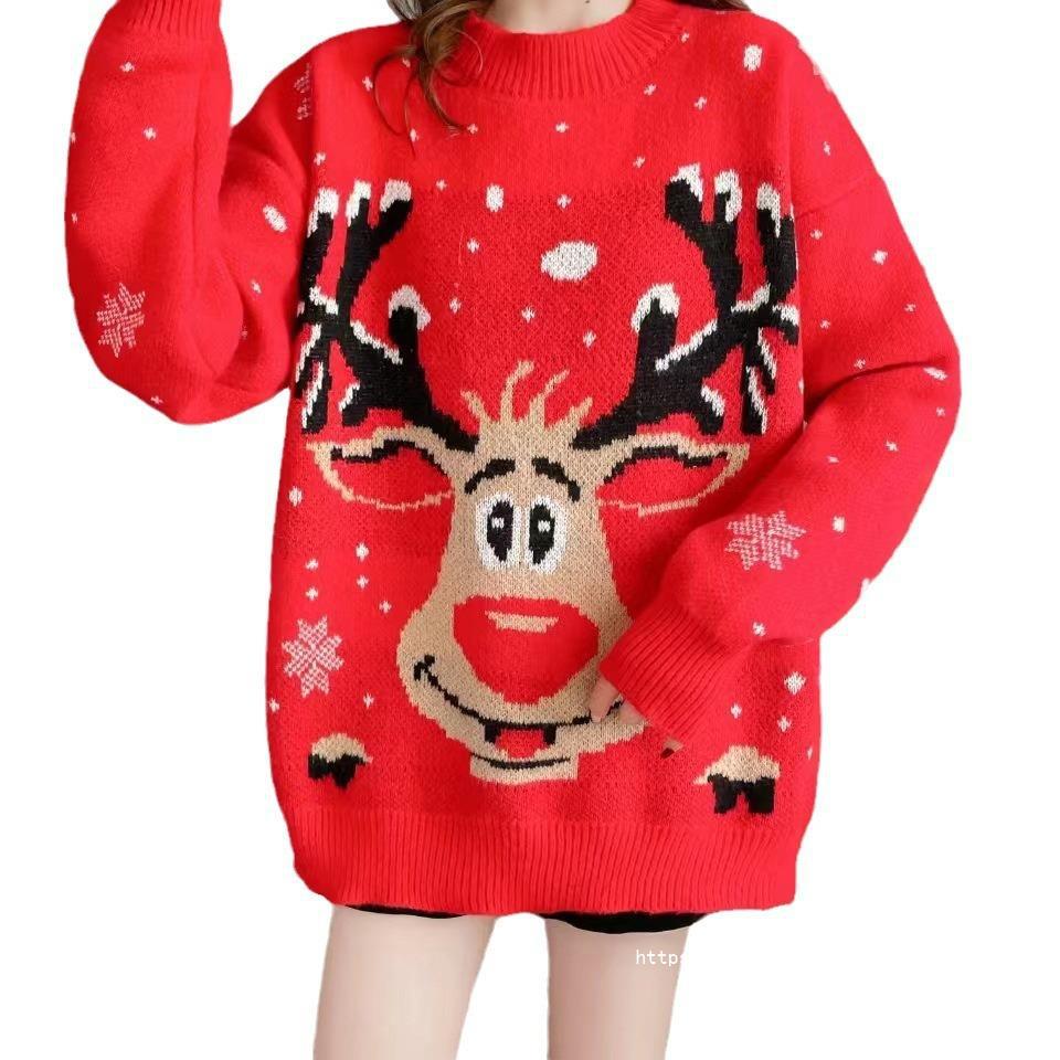 Juniper red reindeer Christmas sweater, full front view