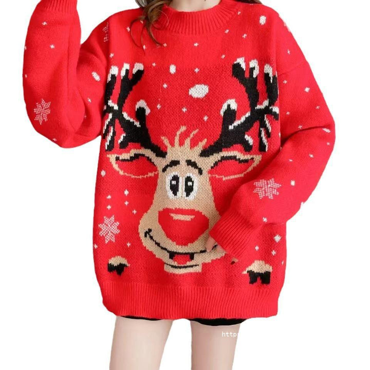 Juniper red reindeer Christmas sweater, full front view
