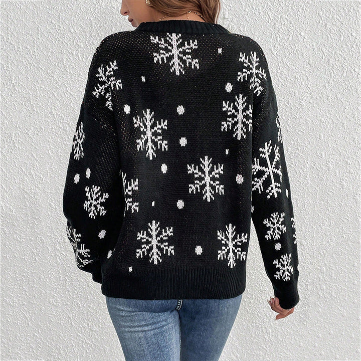 Rosamund Christmas sweater, back view with snowflake design