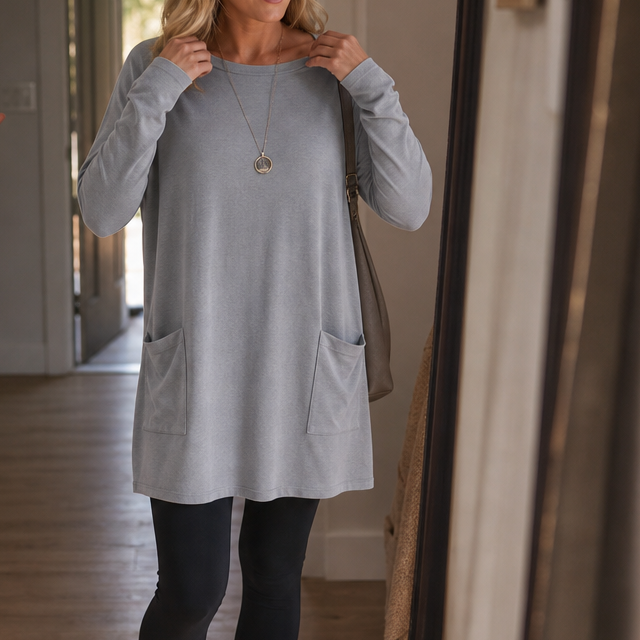 Harlow long sleeve pocket tunic top, close-up front view indoors
