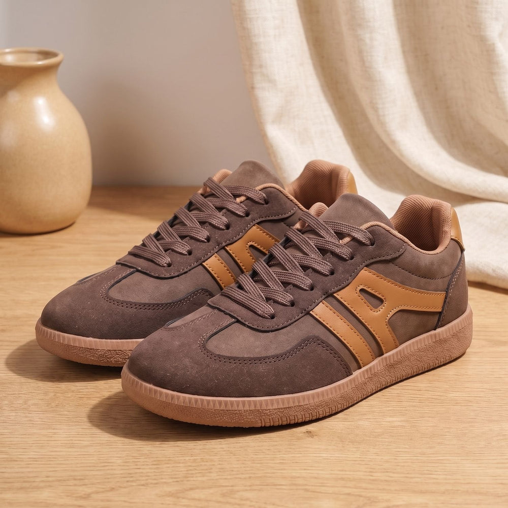 Thalassa retro court lace-up sneakers in brown, front angled view