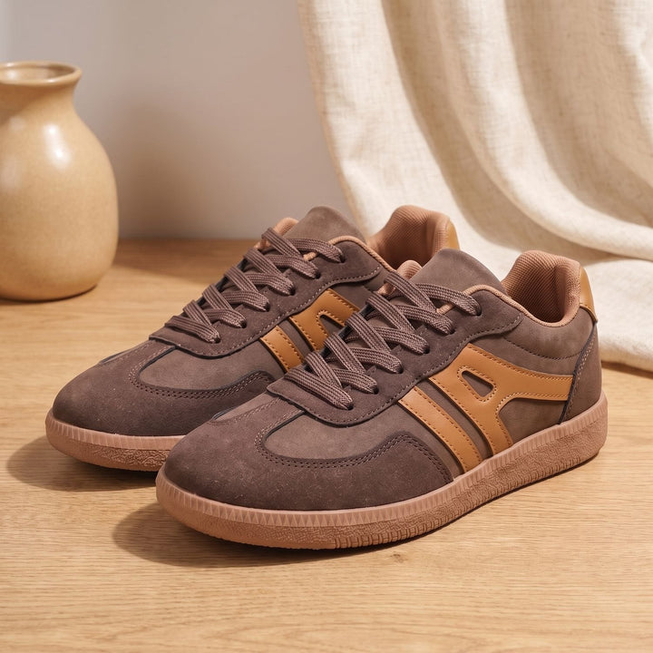 Thalassa retro court lace-up sneakers in brown, front angled view