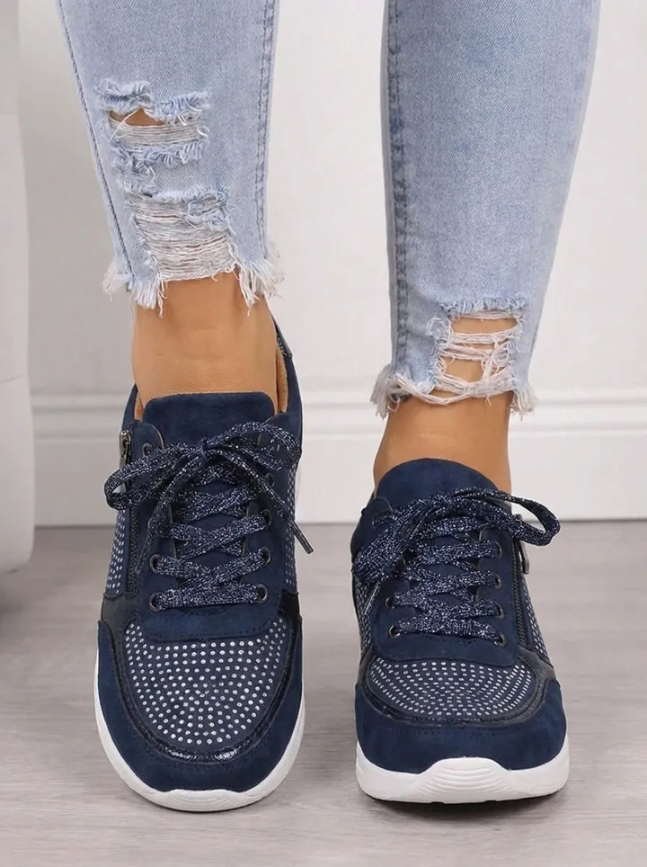 Marguerite rhinestone lace-up platform sneakers, front view on model