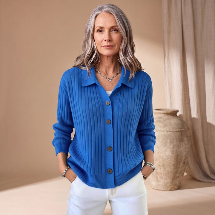 Teodora blue ribbed collared cardigan, close-up front view