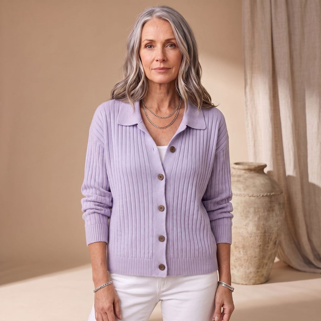 Teodora lilac ribbed collared cardigan, front view
